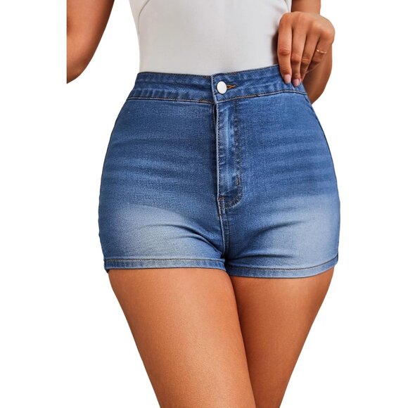 Medium Wash Women's High Waist Denim Shorts Straight Leg Roll Up Hem Button Jean - Picture 1 of 6